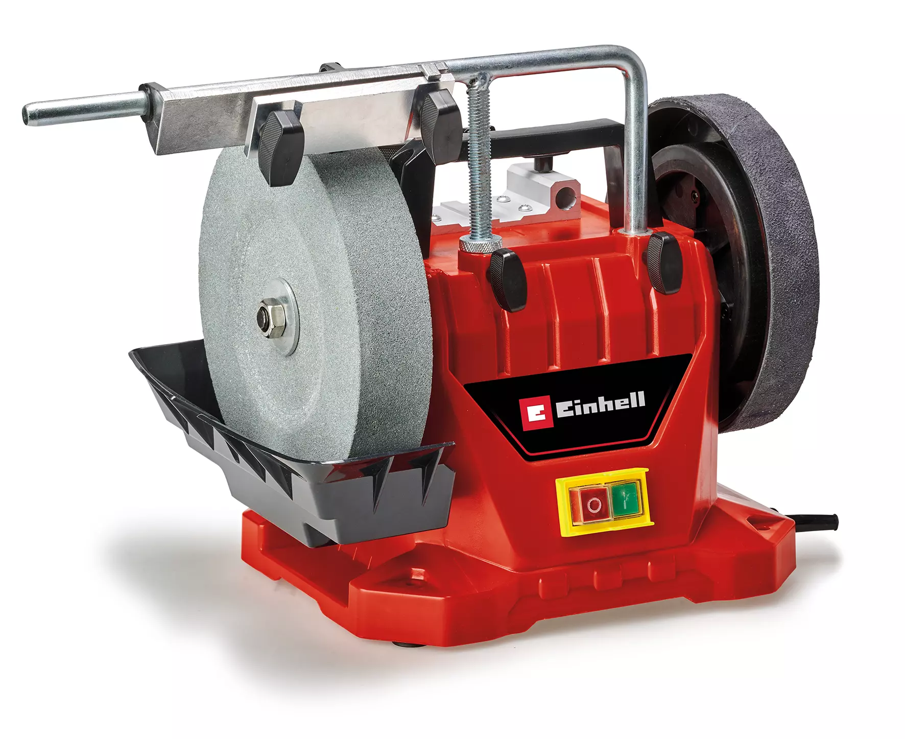 La smerigliatrice ad acqua Einhell TC-WG 200 con dispositivo universale per molatura utensili, piedini antivibrazione in gomma, calibro angolare regolabile e vasca acqua per raffreddamento durante l'affilatura. | Dematteis.it