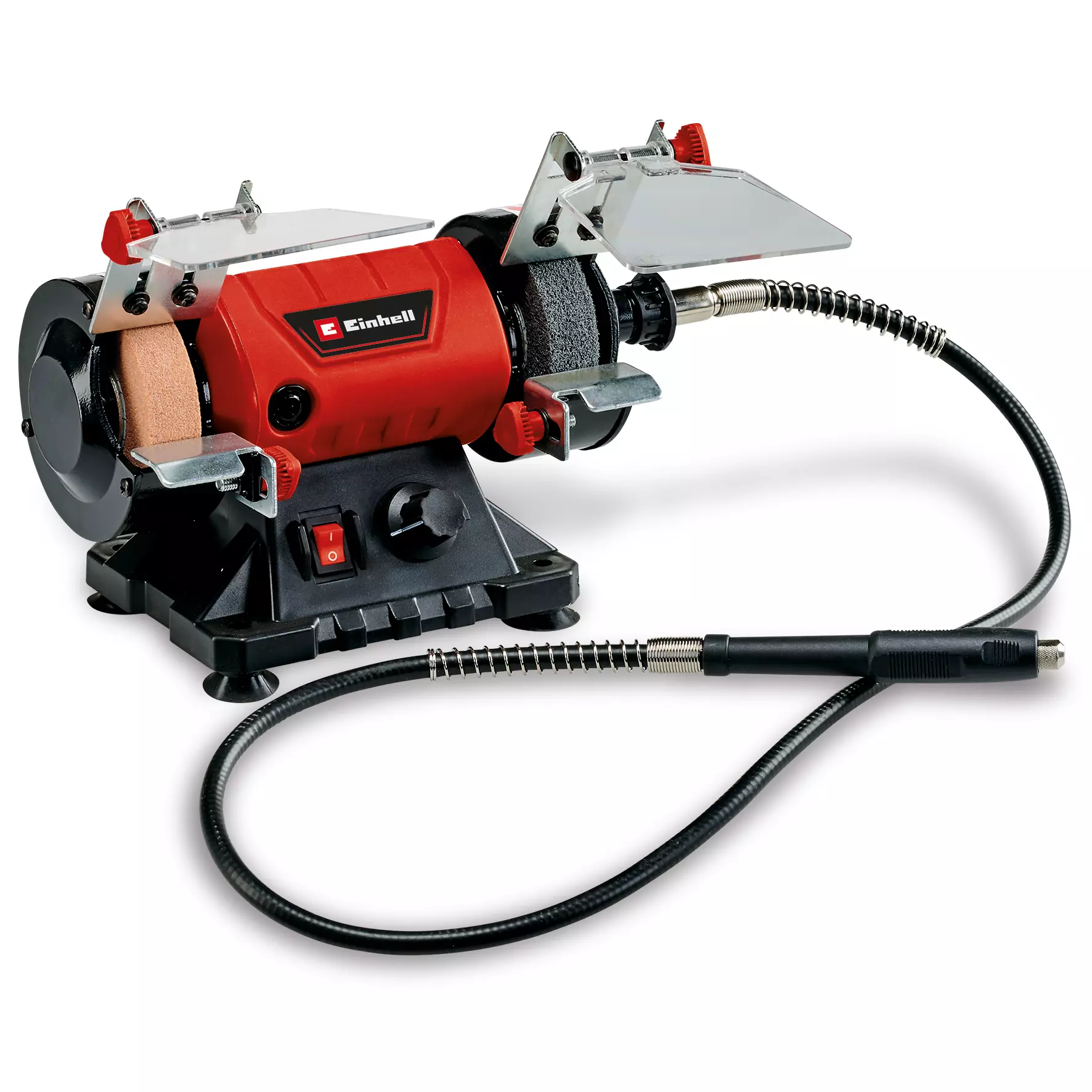 Smerigliatrice combinata TC-XG 75 Kit di Einhell con corpo rosso robusto, doppio disco per smerigliatura, albero flessibile e protezioni anti-scintille trasparenti per lavorazioni di precisione. | Dematteis.it