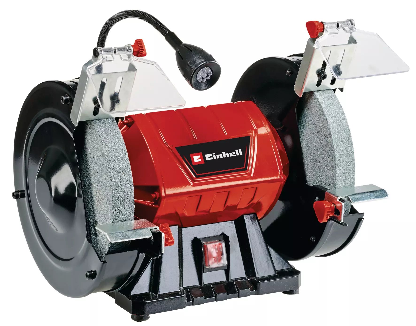 Smerigliatrice da banco TC-BG 200 L Einhell con doppia mola per levigatura grossolana e fine, supporti regolabili, schermi parascintille e luce LED integrata per lavori di precisione in officina. | Dematteis.it