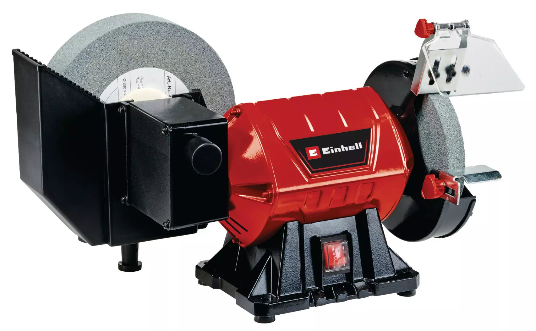 La smerigliatrice da banco ad acqua TC-WD 200/150 di Einhell presenta una robusta struttura in metallo con doppio disco, protezioni trasparenti e piedini anti-vibrazione per lavorazioni sicure e precise. | Dematteis.it