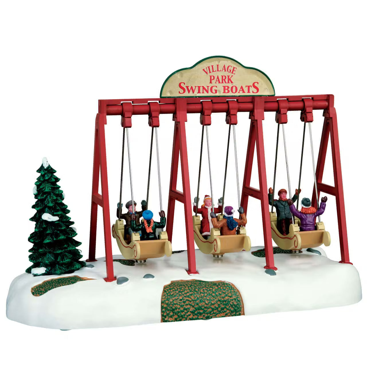 Barche a Dondolo Lemax con struttura rossa e tre Swing Boats ospitanti personaggi dettagliati, ambientate in scenario invernale con neve e abete per Villaggio Lemax natalizio. | Dematteis.it