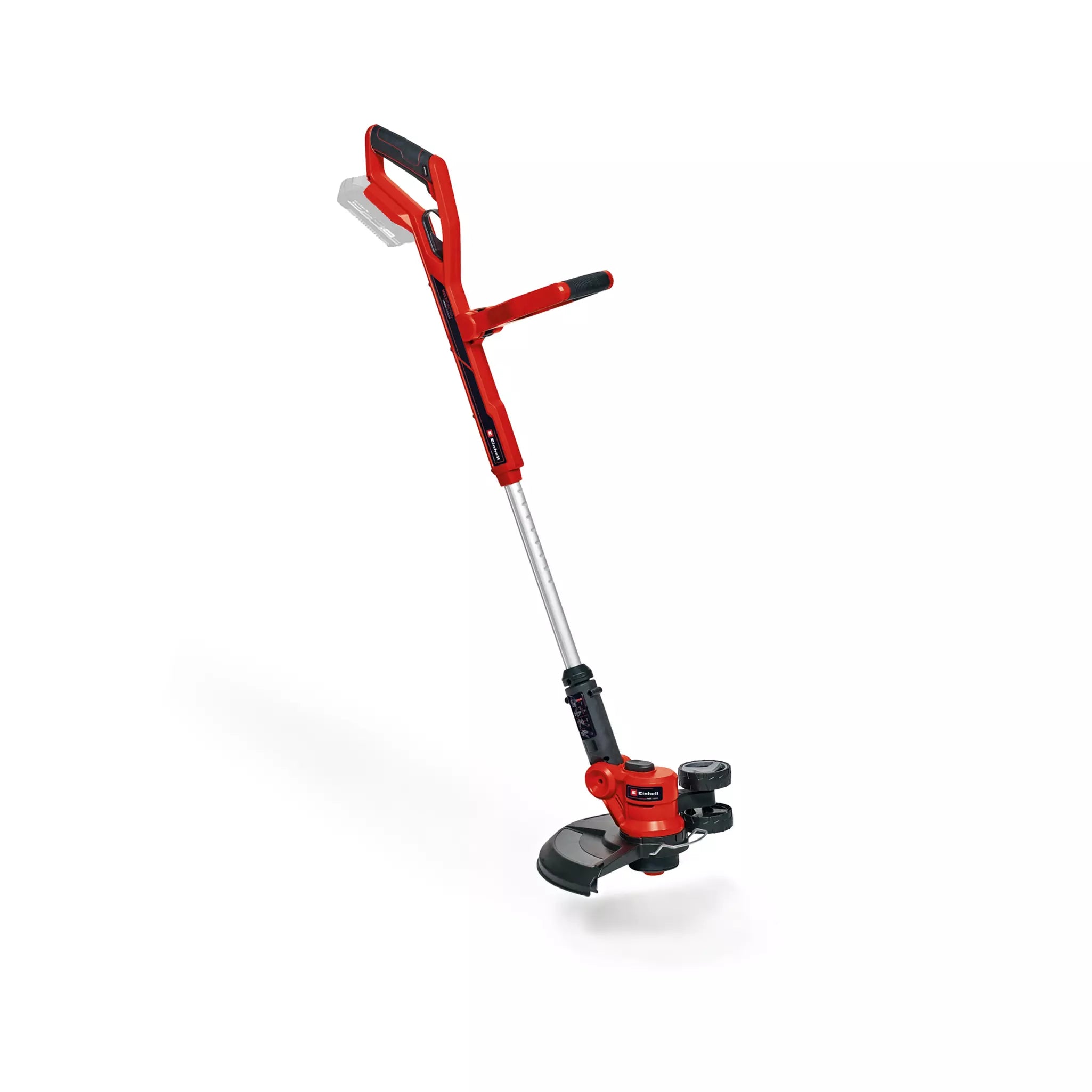 il tagliabordi a batteria GE-CT 18/30 Li Einhell con asta telescopica regolabile, impugnatura ergonomica antiscivolo, testa girevole a 90° e rotella di guida per bordi perfetti, parte della famiglia Power X-Change. | Dematteis.it