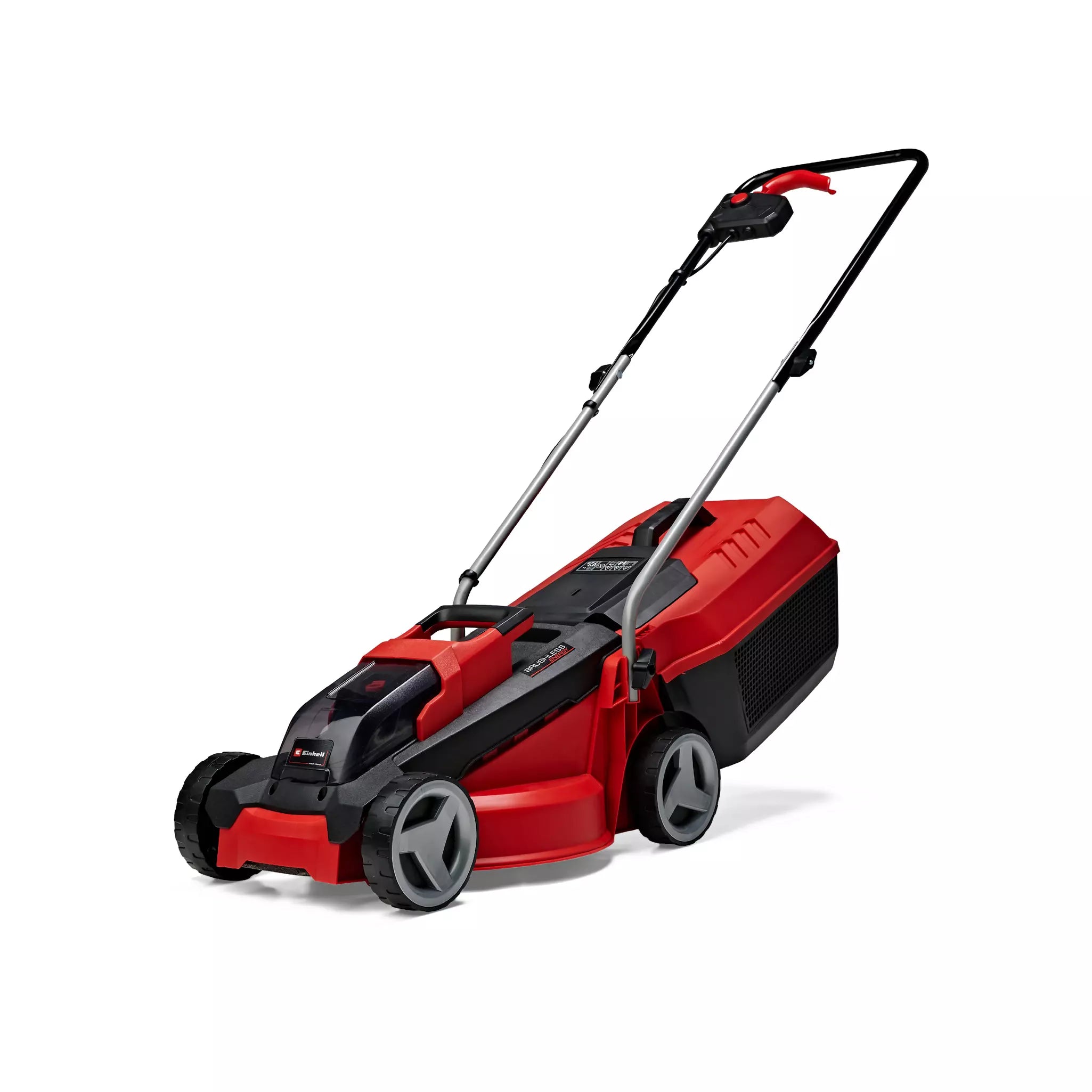 Tagliaerba GE-CM 18/30 Li Einhell con corpo rosso e nero, dotato di motore brushless, impugnatura ergonomica e grandi ruote antiscalpo per una perfetta manutenzione del prato fino a 150 m². | Dematteis.it