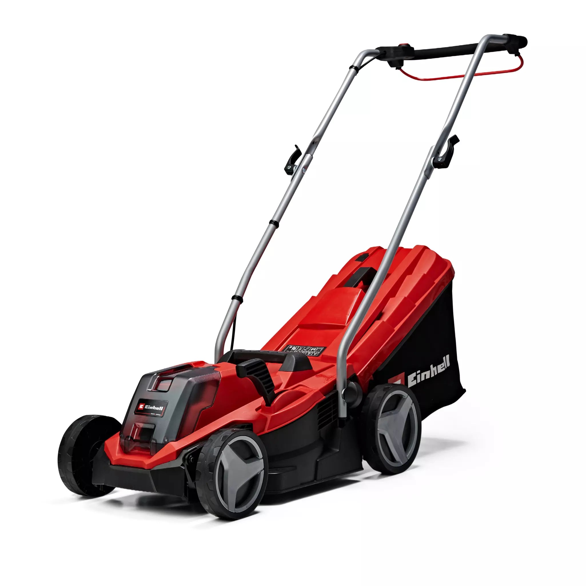 Il tagliaerba a batteria GE-CM 18/33 Li Einhell con scocca rossa, manico pieghevole in alluminio, ruote larghe e sistema di regolazione centralizzata a 5 livelli, ideale per prati fino a 200 m². | Dematteis.it