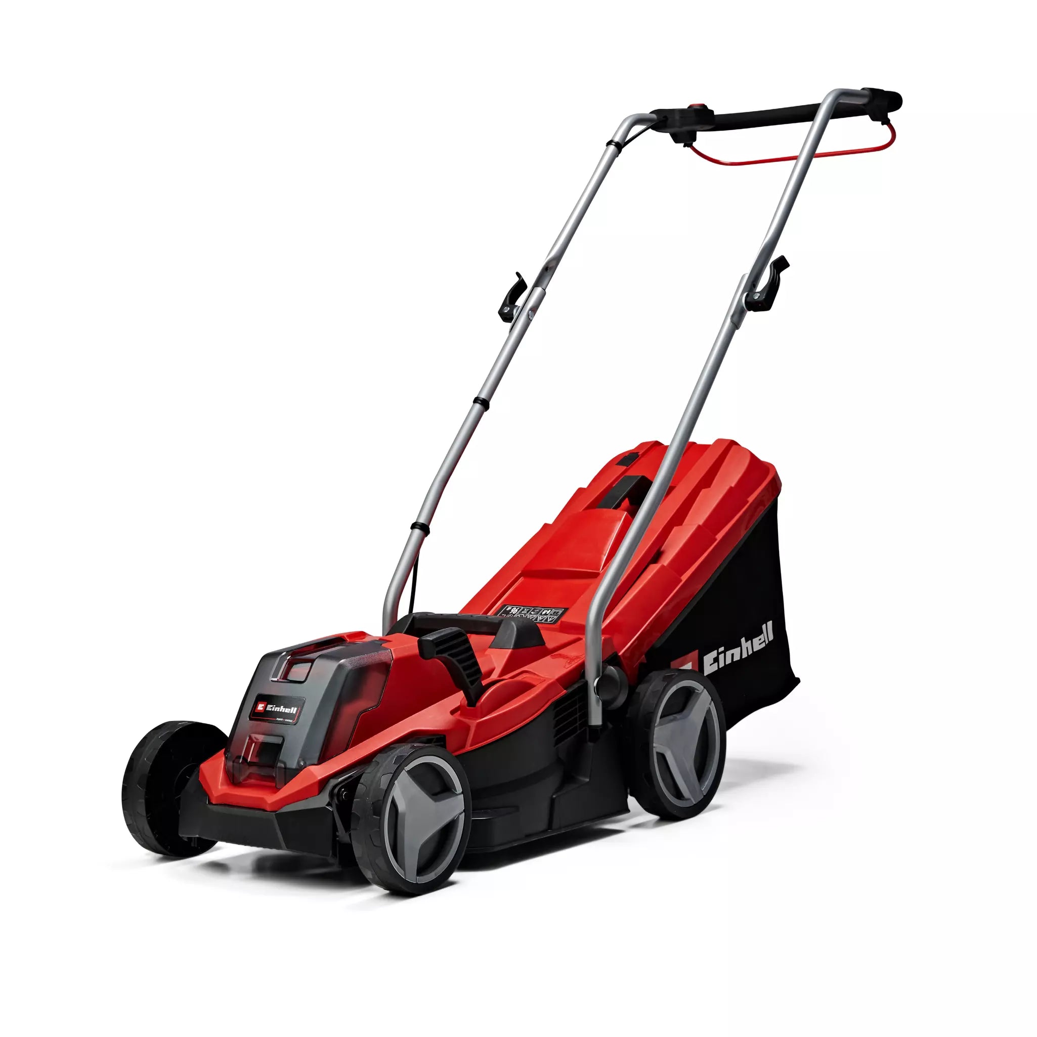 Il tagliaerba a batteria GE CM 18/33 Li Einhell con scocca rossa, motore brushless, archetto pieghevole regolabile e ruote larghe. Ideale per prati fino a 200 m² con sistema Power X-Change. | Dematteis.it
