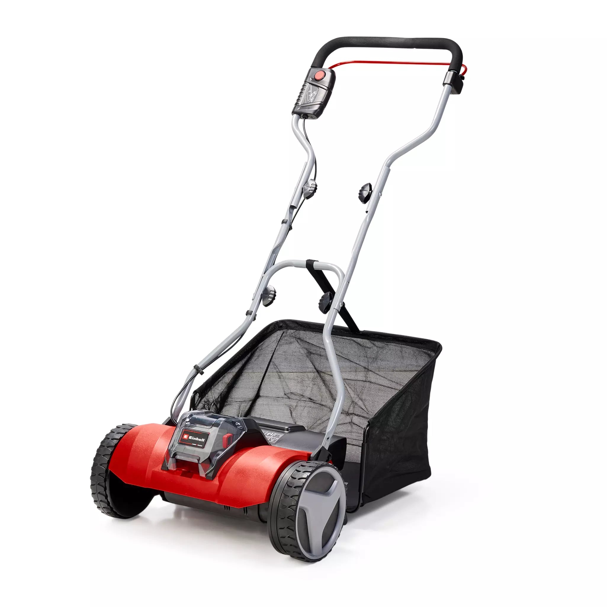 Il tagliaerba a batteria GE HM 18/38 Li Einhell con design ergonomico, sistema di taglio elicoidale a 5 lame di precisione, cesto di raccolta da 45 litri e ruote larghe salvaprato per risultati professionali. | Dematteis.it