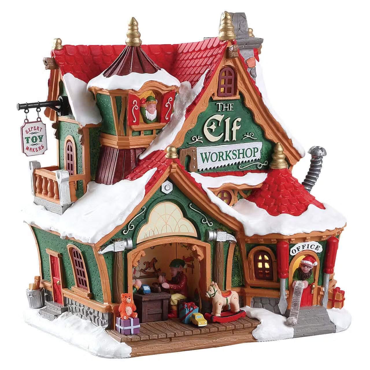 The Elf Workshop Lemax, magnifico Laboratorio degli Elfi per Villaggio Lemax con tetti rossi innevati, insegna decorativa e architettura natalizia tradizionale per collezionisti. | Dematteis.it