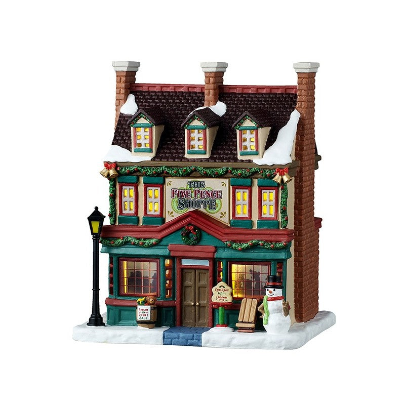 The Five Pence Shoppe Lemax edificio vittoriano illuminato con decorazioni natalizie, ghirlande e pupazzo di neve per Villaggio Natale Lemax | Dematteis.it