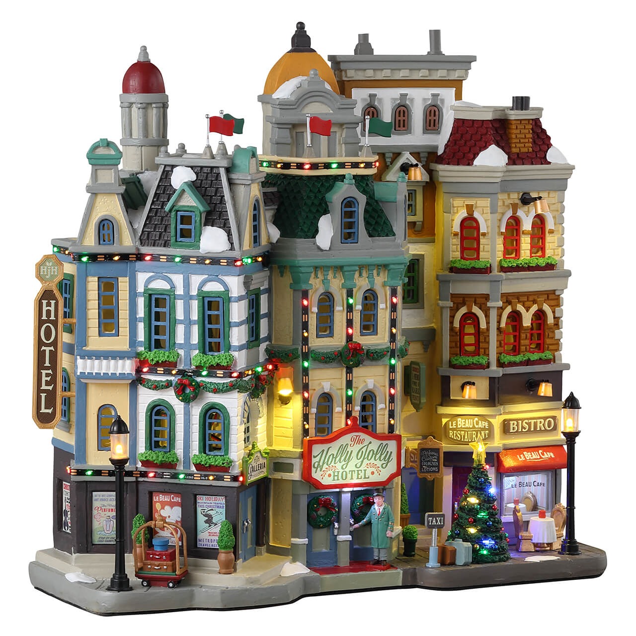 The Holly Jolly Hotel Lemax illuminato con architettura vittoriana multicolore, personaggi in miniatura e bistro per Villaggio di Natale Lemax - Dematteis.it