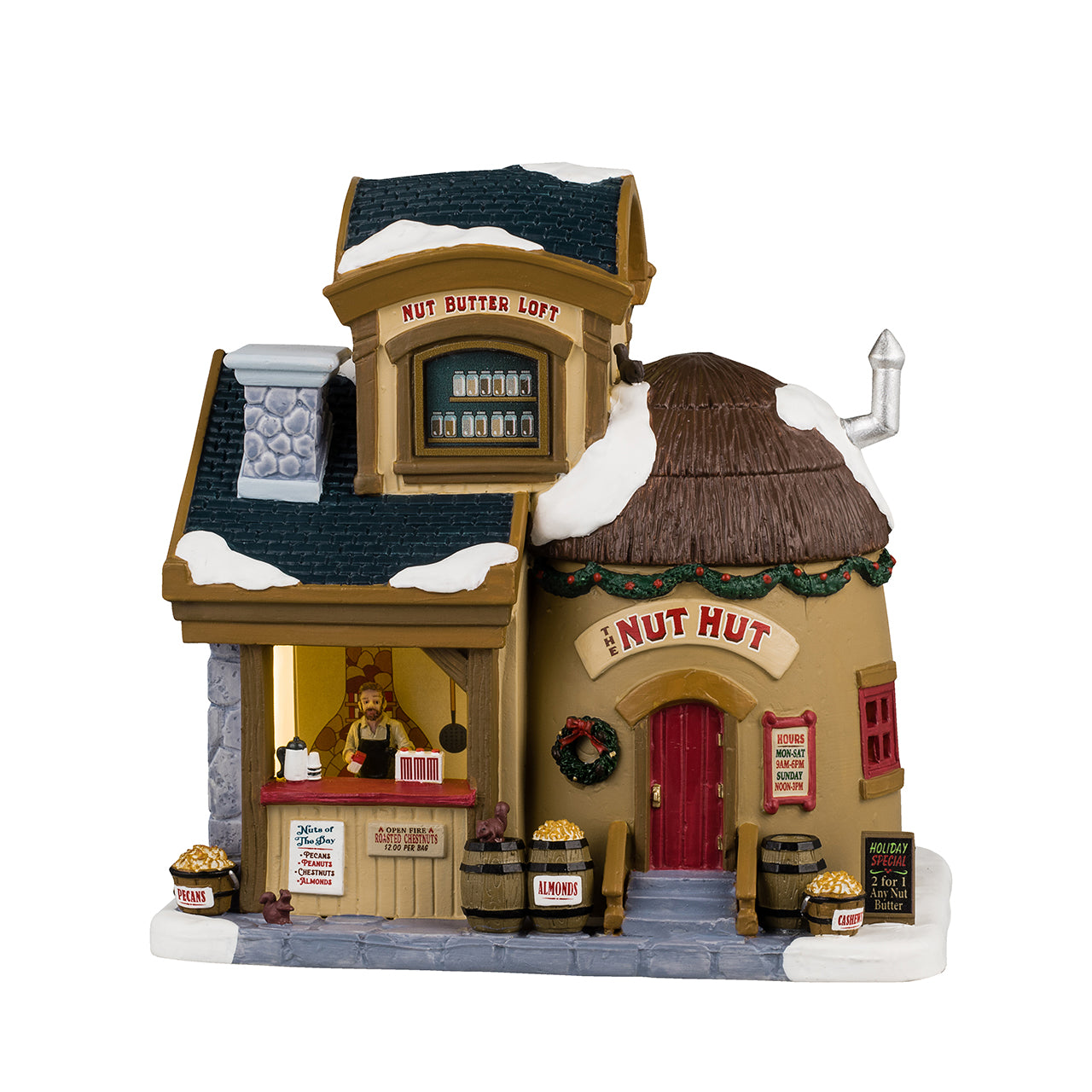 The Nut Hut Lemax: Negozio delle Noci con tetto di paglia e porta rossa, perfetto per Villaggio di Natale Lemax, collezione Santa's Wonderland dipinta a mano. | Dematteis.it