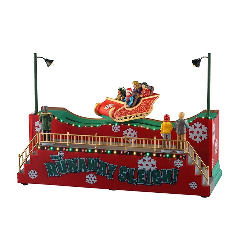The Runaway Sleigh Lemax giostra natalizia animata con slitta rossa, personaggi in miniatura e luci colorate per Villaggio Natale Lema | Dematteis.it