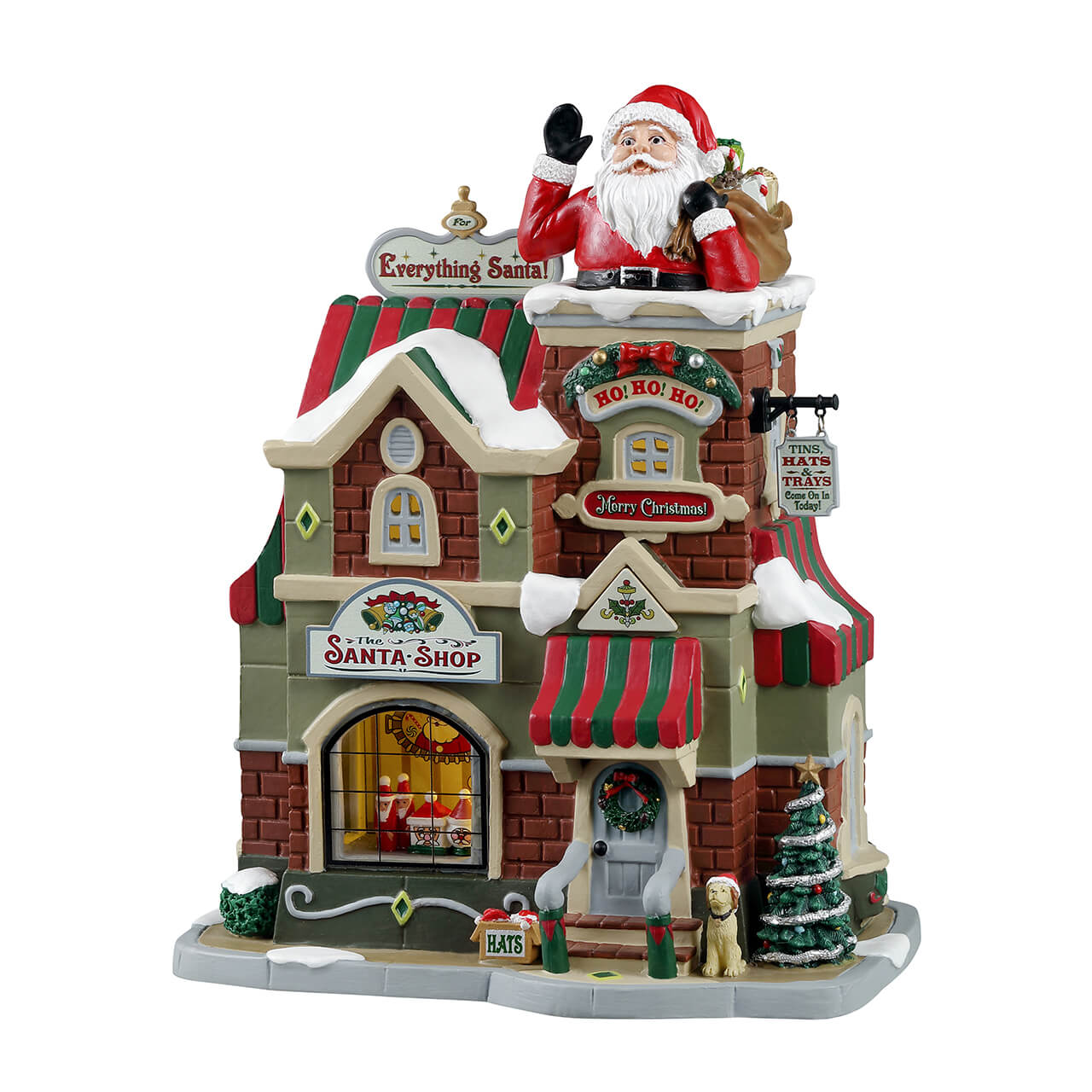 The Santa Shop Lemax Caddington Village con Babbo Natale sul tetto, edificio Negozio Di Natale Lemax in mattoni rossi con vetrine illuminate e decorazioni natalizie per Villaggio di Natale Lemax | Dematteis.it