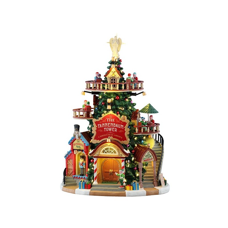 The Tannenbaum Tower Christmas Shops Lemax: magnifico villaggio natale a forma di albero con negozi su più livelli, scale, illuminazione dorata e angelo in cima | Dematteis.it