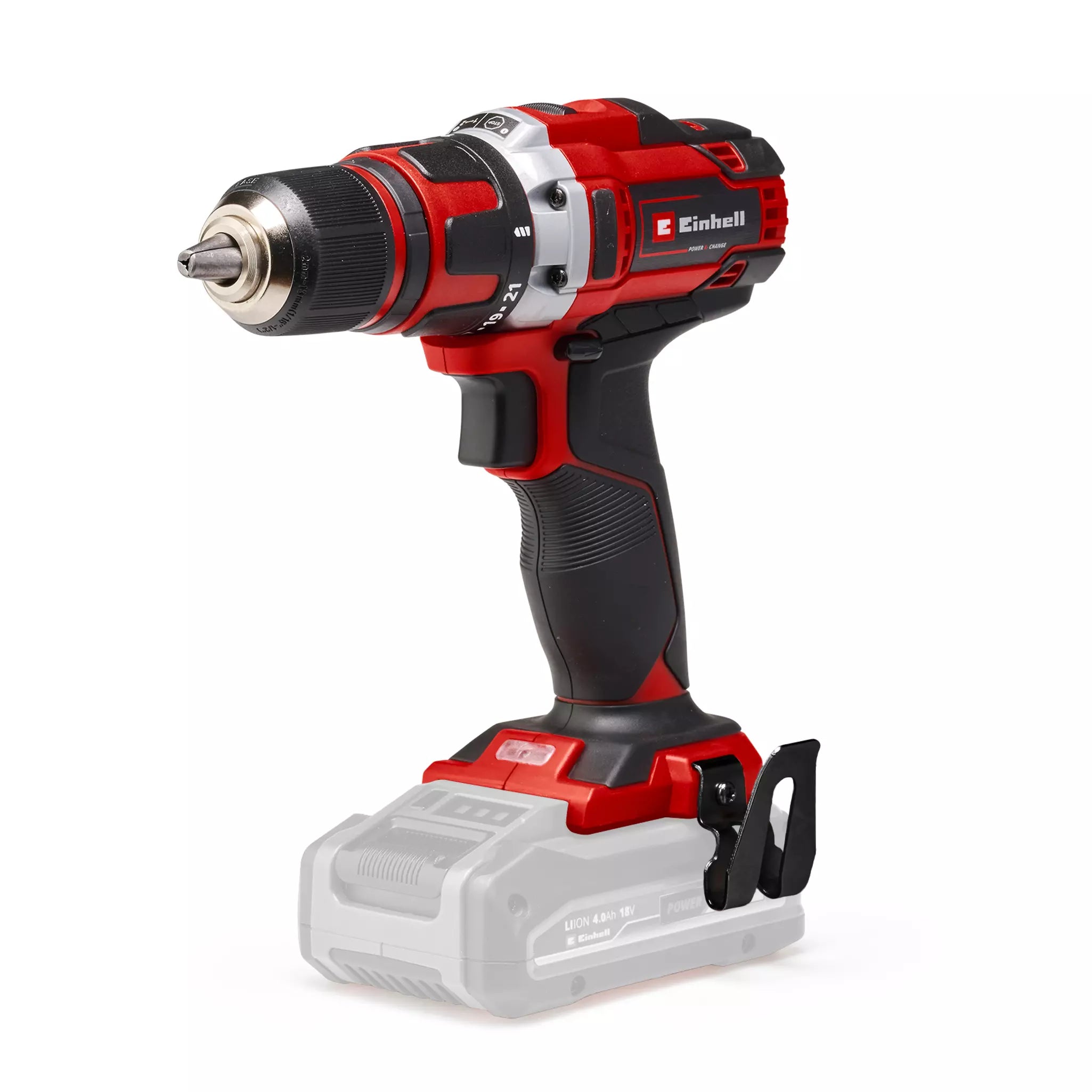 Il trapano a batteria TE CD 18/40 Li Einhell con impugnatura ergonomica e mandrino autoserrante da 13 mm, dotato di sistema Power X-Change e illuminazione LED per lavori di precisione. | Dematteis.it