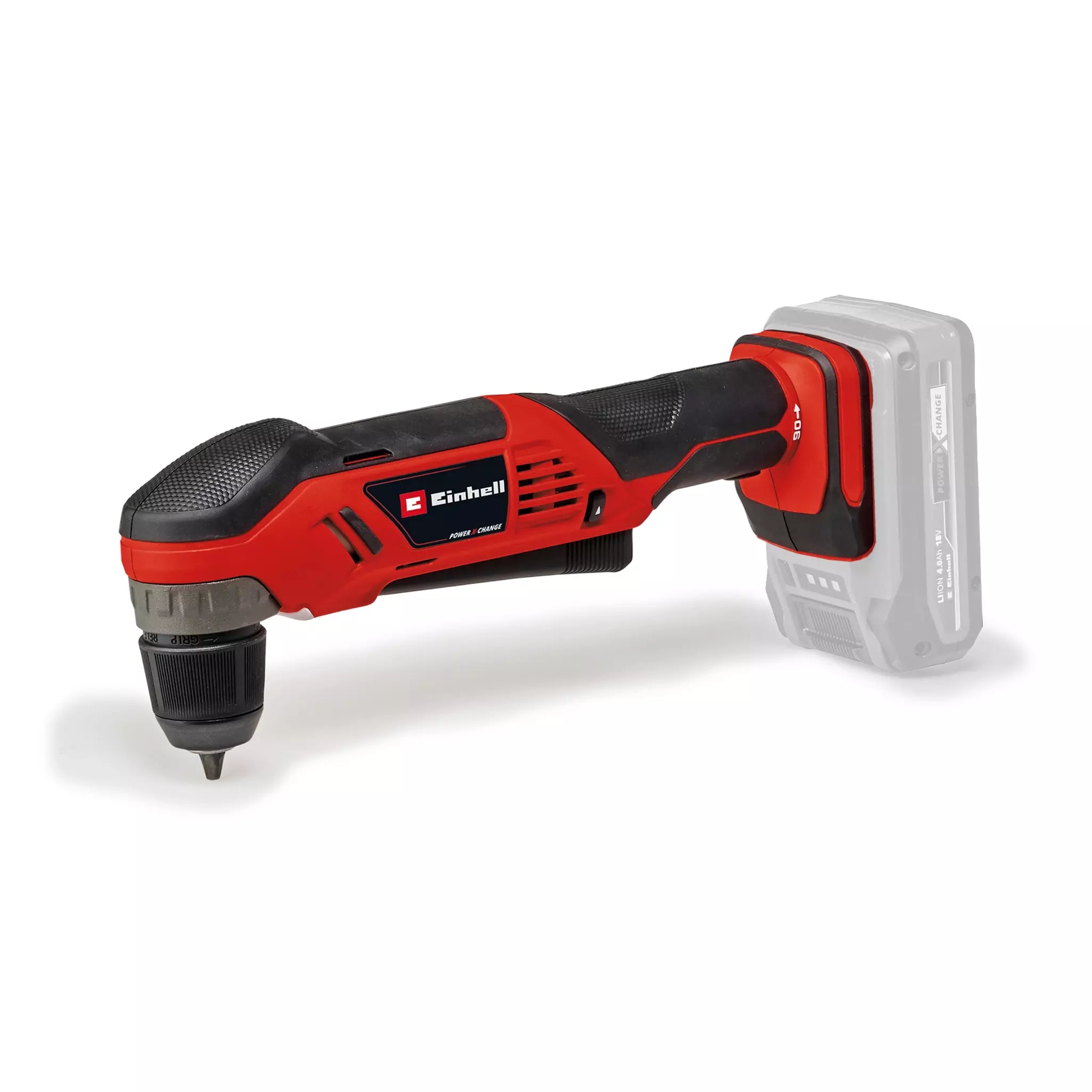 Il trapano angolare a batteria TE-AD 18 Li Einhell con design ergonomico, portabatteria girevole e mandrino autoserrante da 10 mm, perfetto per lavorare in spazi ristretti con massima precisione. | Dematteis.it