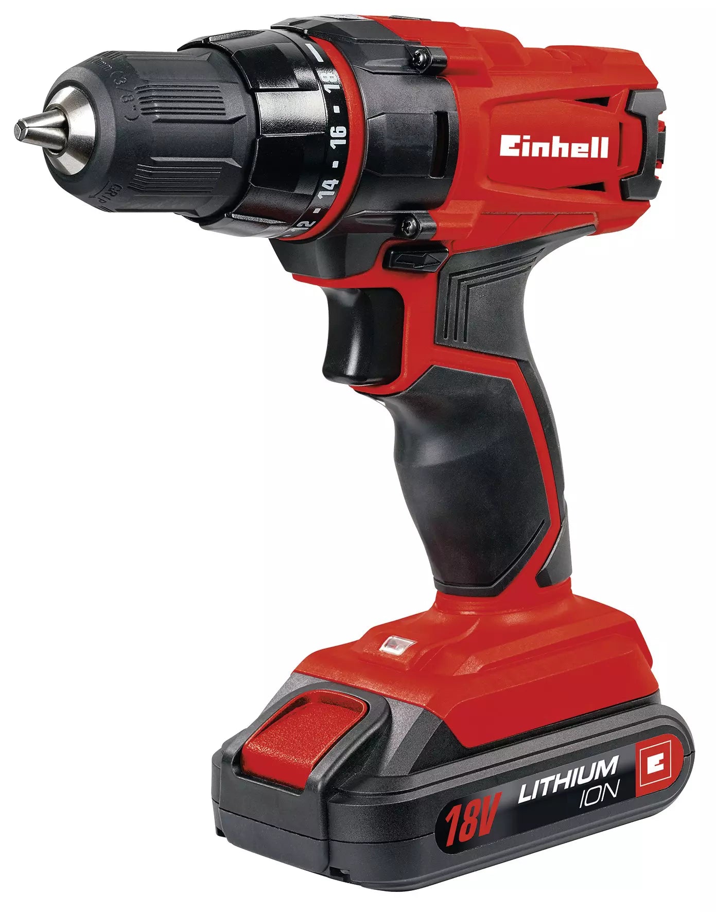 Il potente trapano a batteria TC-CD 18-2 Li di Einhell con impugnatura ergonomica, selettore di coppia a 18+1 regolazioni, luce LED integrata e tecnologia agli ioni di litio da 18V. | Dematteis.it
