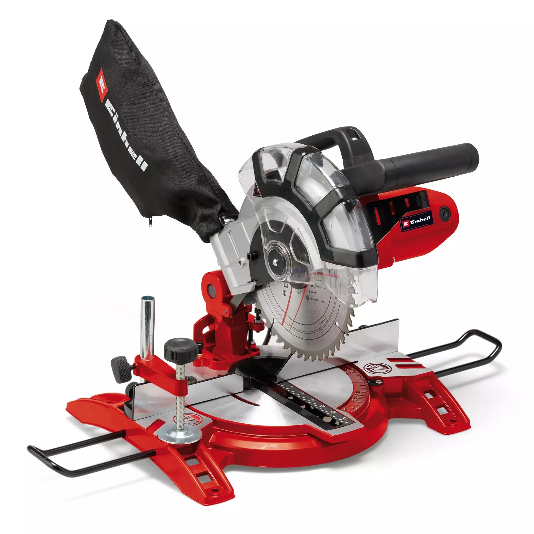 La troncatrice TC MS 2112 di Einhell con lama HM professionale, piano in alluminio pressofuso e sistema di regolazione per tagli obliqui, ideale per lavorazioni precise di legno e materiali plastici. | Dematteis.it