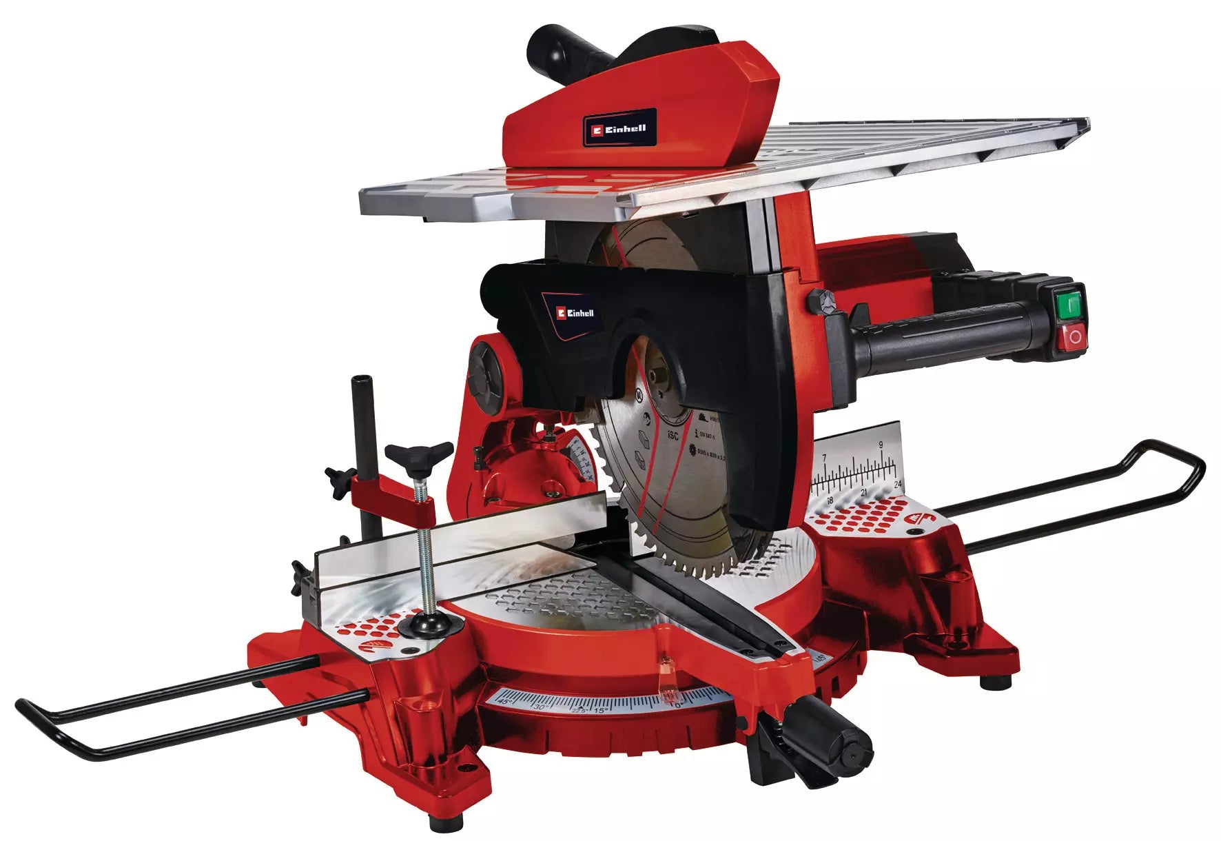 La troncatrice con piano superiore TC MS 3017 T di Einhell con 4200 giri al minuto, guide regolabili in continuo e superfici di appoggio laterali per lavorazioni professionali. | Dematteis.it