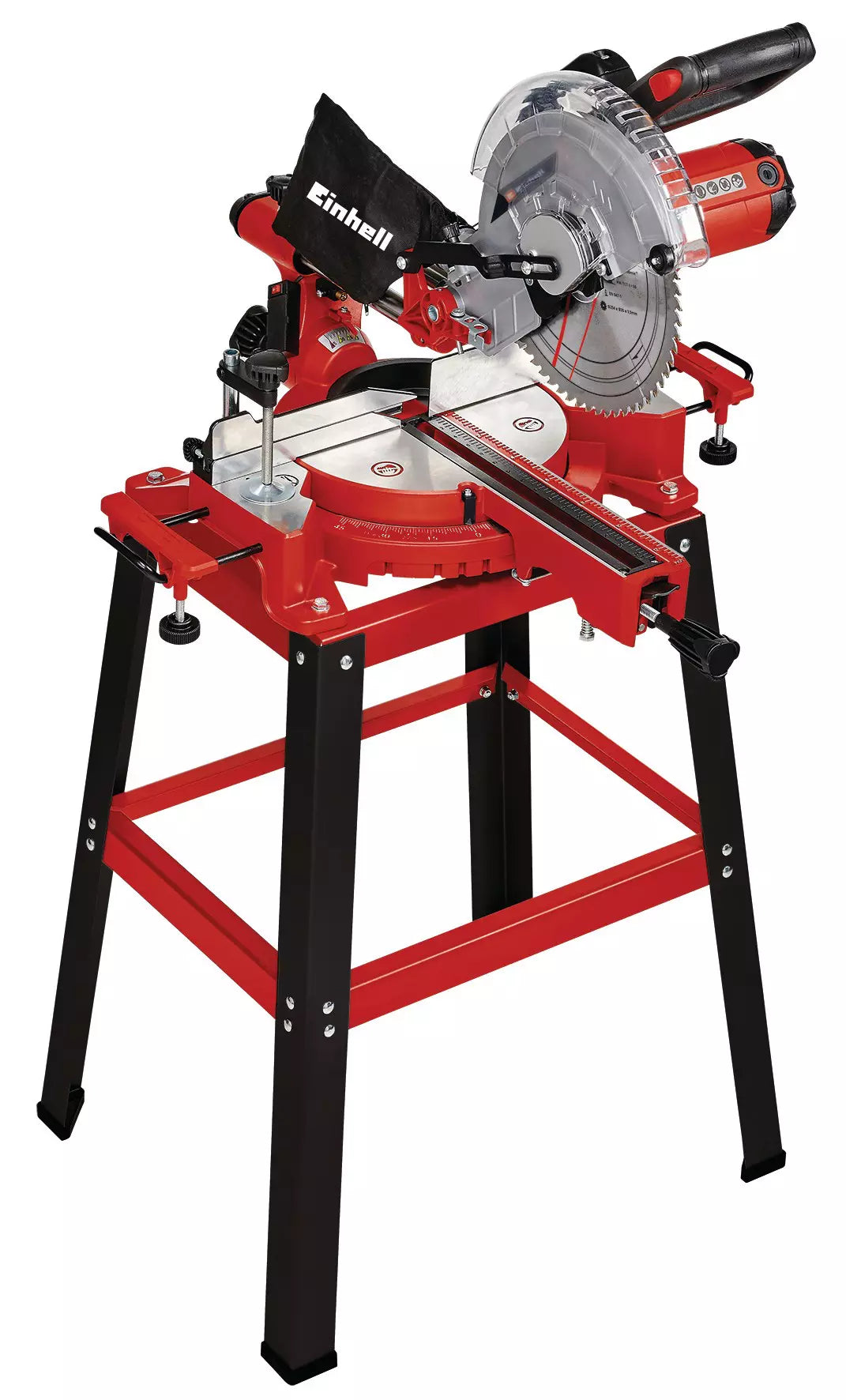 Troncatrice radiale TC SM 2531/2 U di Einhell montata su banchetto stabile con piano girevole, laser di precisione e sistema di trazione per tagli fino a 310 mm, ideale per lavorazioni professionali su legno. | Dematteis.it