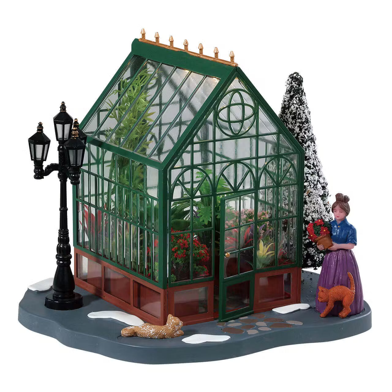 Victorian Greenhouse Lemax con serra vittoriana verde e base in mattoni, personaggi d'epoca e lampioni per Villaggio di Natale Lemax collezione Caddington. | Dematteis.it