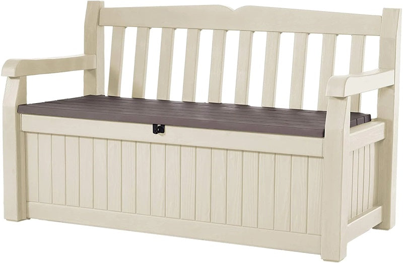 Panca contenitore Eden beige Keter con seduta ergonomica e ampio vano da 265 litri, ideale per esterni. Design elegante in color beige con chiusura di sicurezza e resistenza agli agenti atmosferici. | Dematteis.it 