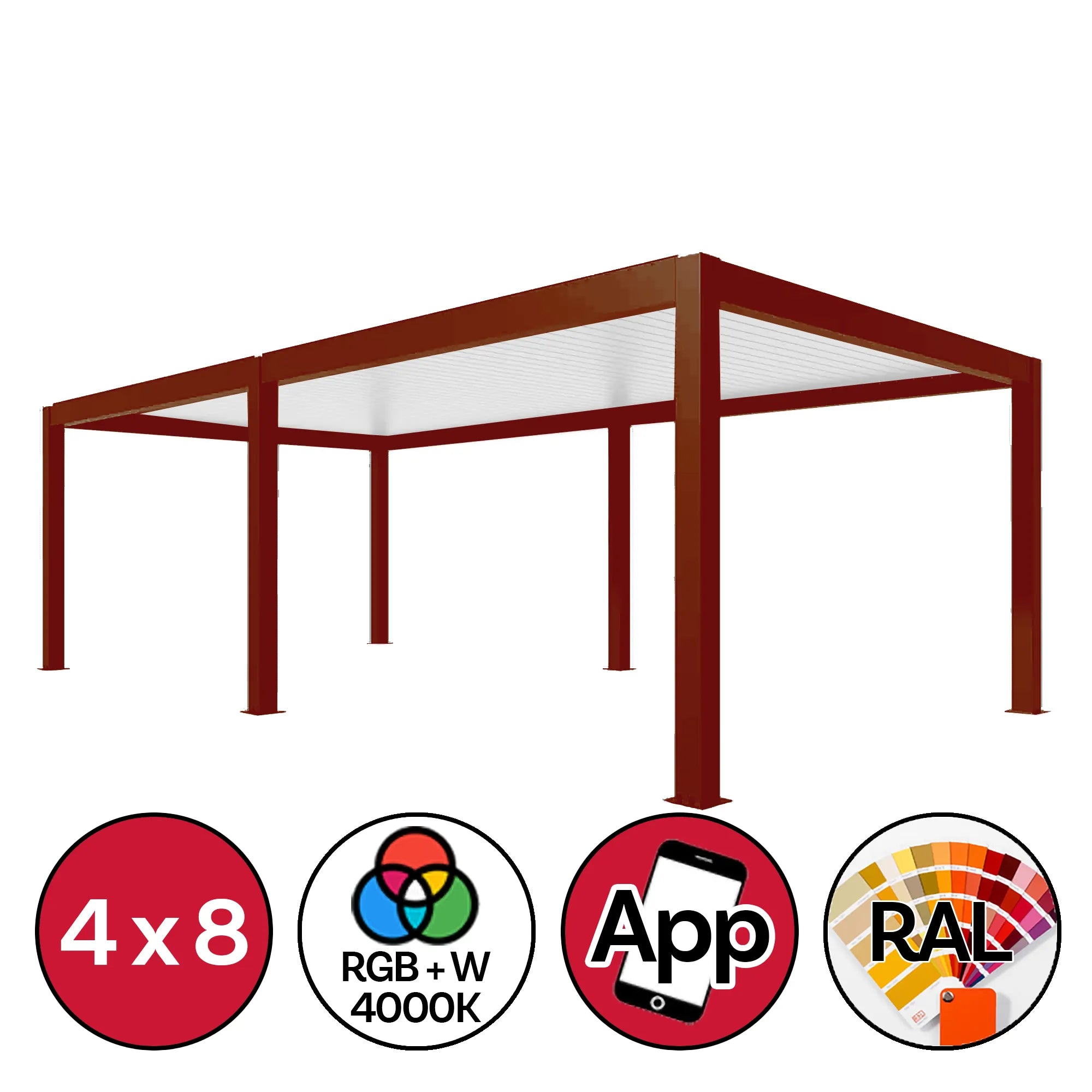 Pergola bioclimatica autoportante 4x8 metri in alluminio con 6 pilastri 15x15 cm, lamelle orientabili motorizzate, illuminazione LED RGB+W 4000K integrata, controllo tramite app mobile e telecomando wireless, personalizzazione colore RAL disponibile | DeMatteis.it