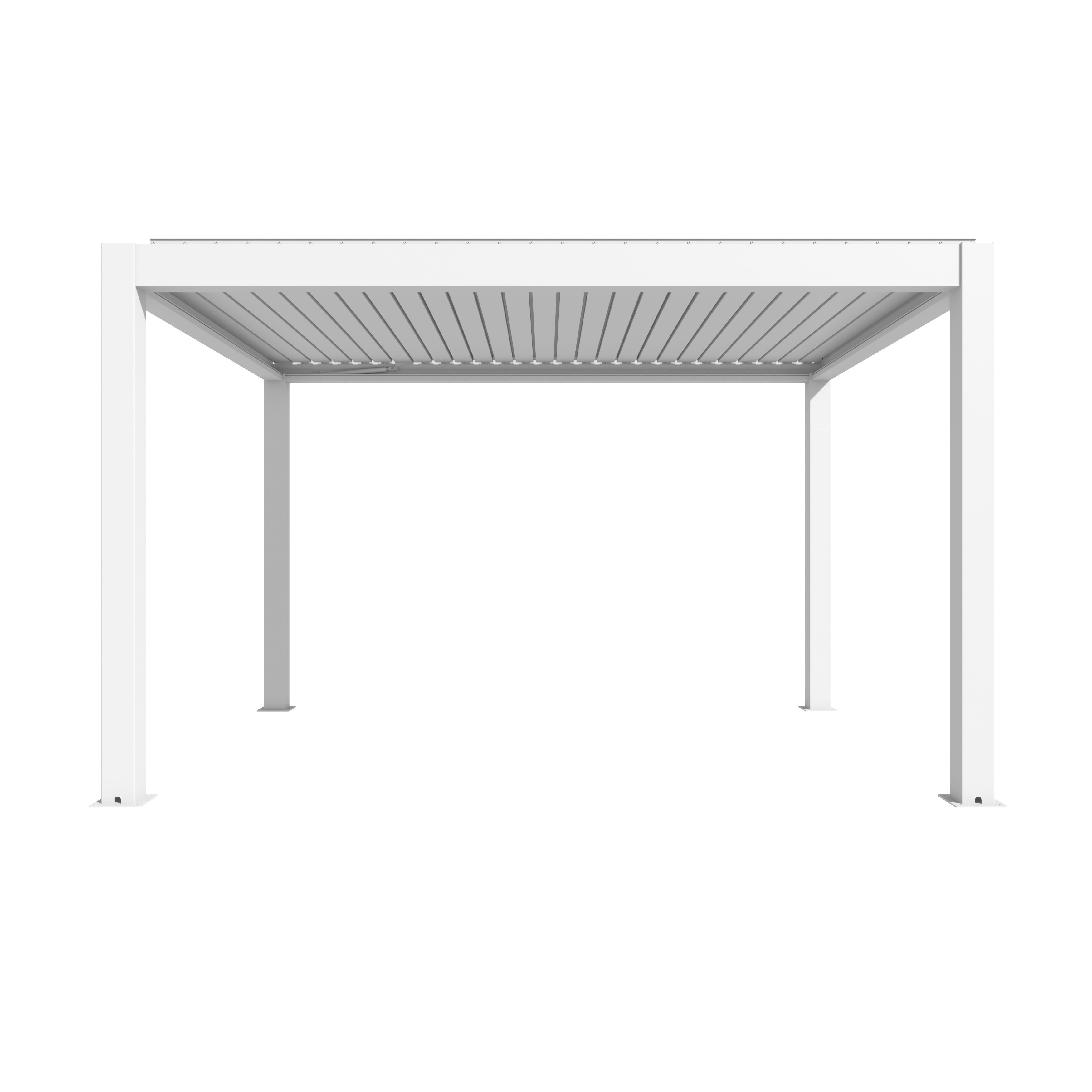 Pergola bioclimatica Top 3x4 motorizzata con LED, struttura in alluminio bianco con lamelle orientabili e sistema di illuminazione integrato. | Dematteis.it