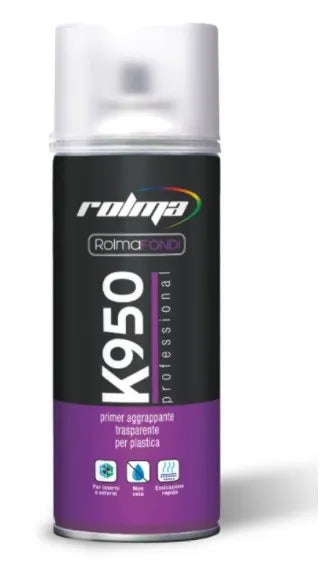 Primer spray trasparente plastica K950: Bomboletta spray formulata nei laboratori Rolma per garantire un'adesione superiore su superfici in plastica, risultato di 30 anni di ricerca ed esperienza nel settore delle vernici. | Dematteis.it