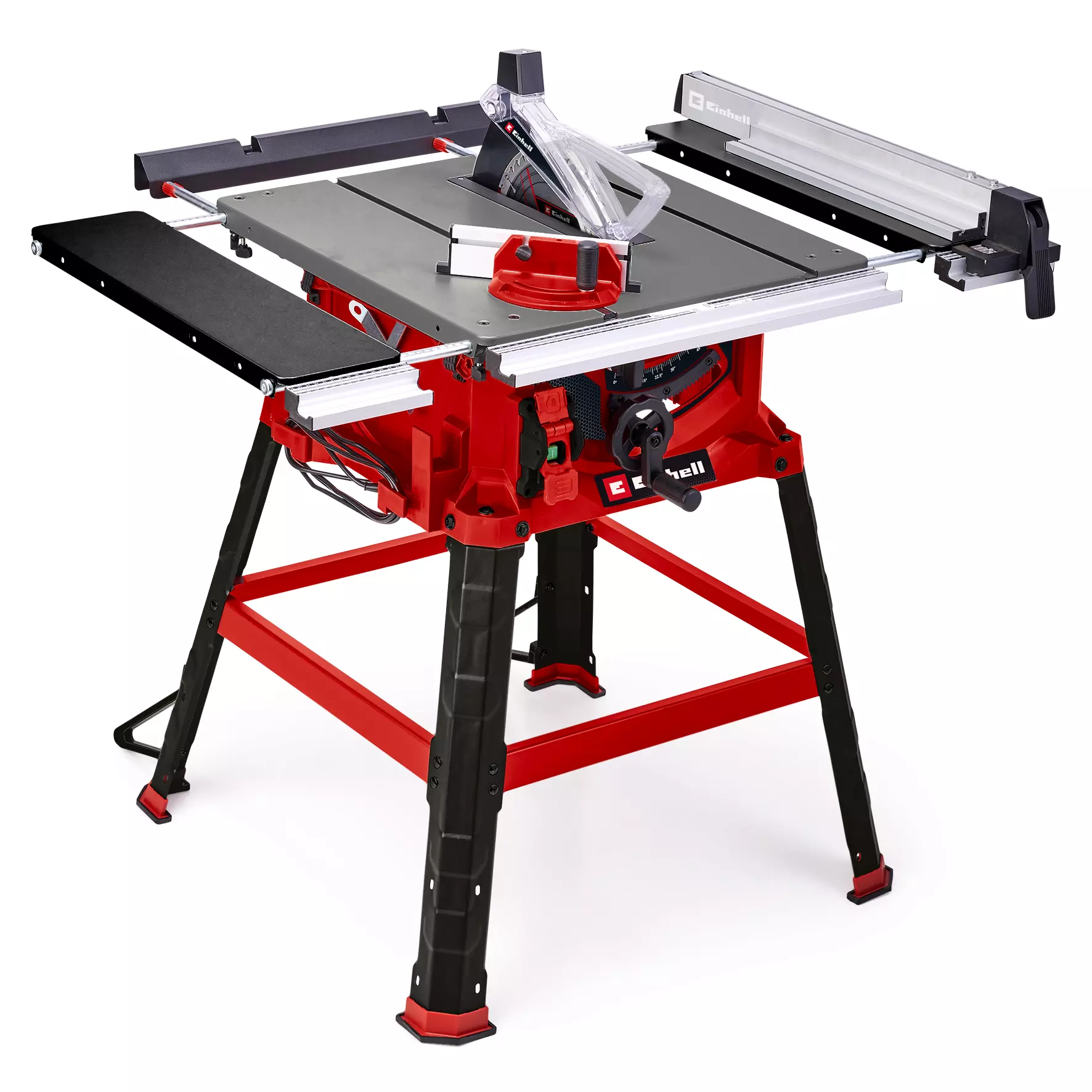 La sega circolare con banchetto TC TS 2225 U di Einhell vista frontale con prolunghe laterali estese, guida parallela con doppio bloccaggio e struttura metallica rinforzata per tagli professionali. | Dematteis.it