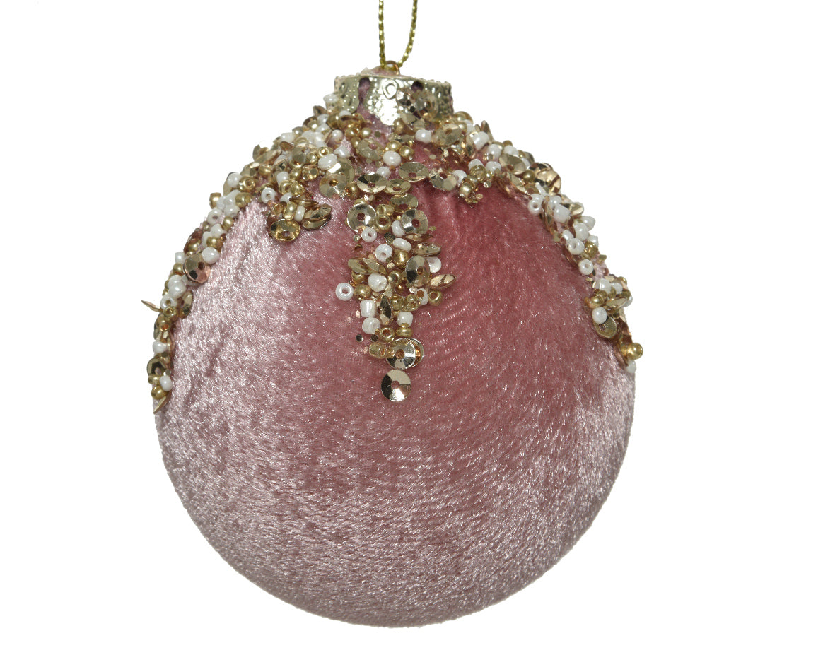 Palla di Natale diametro 8 cm in velluto rosa con decorazioni dorate per addobbi natalizi - DeMatteis.it