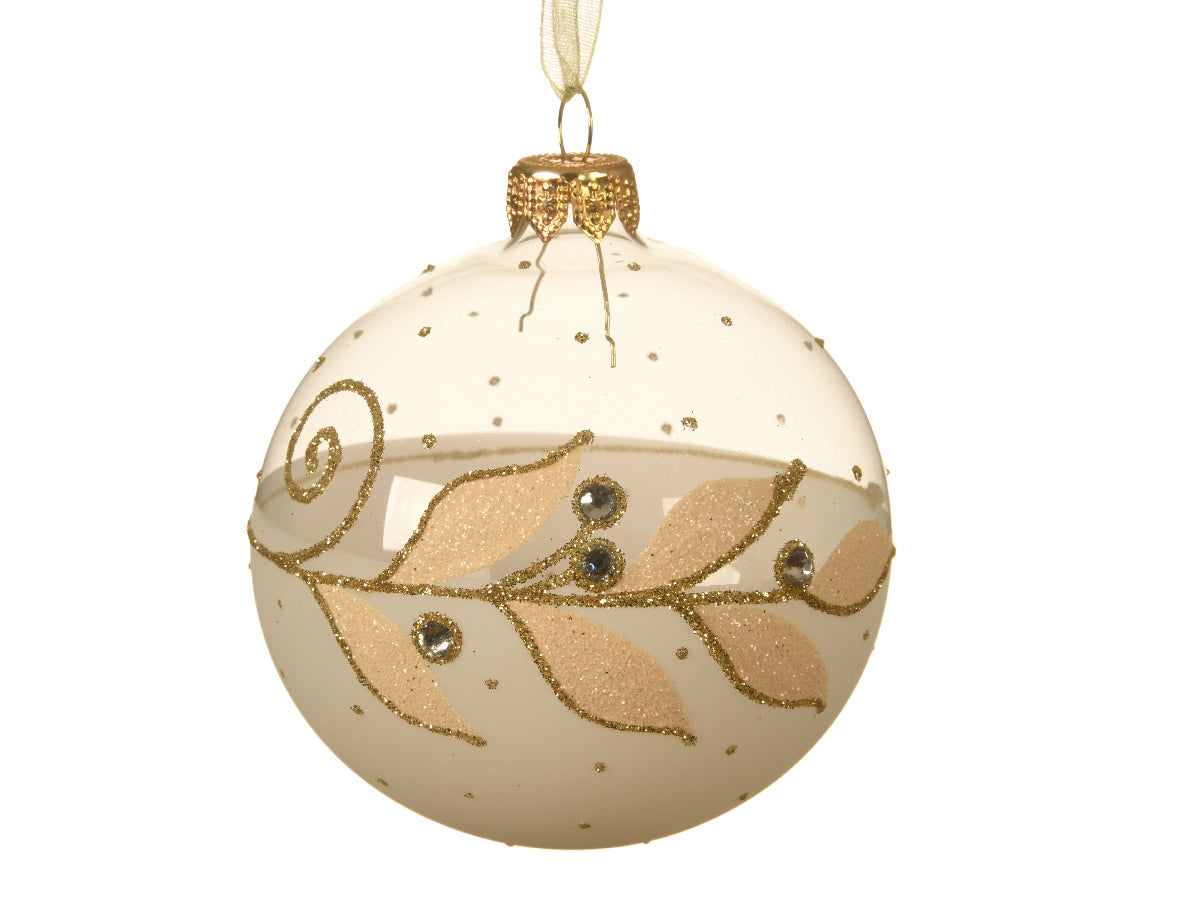 Palla di Natale Wool White diametro 8 cm decorazione foglia con perle per addobbi natalizi - DeMatteis.it
