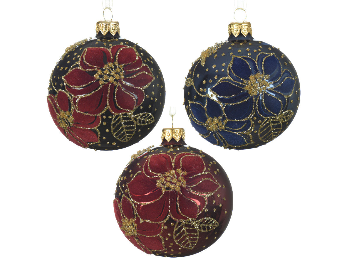 Pallina di Natale diametro 8 cm con decoro floreale per addobbi natalizi - DeMatteis.it