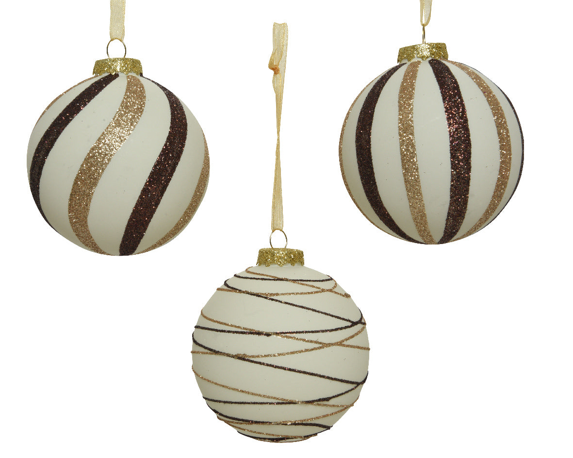 Palla Di Natale Wool White decorazione natalizia diametro 8 cm con linee oro per albero - DeMatteis.it