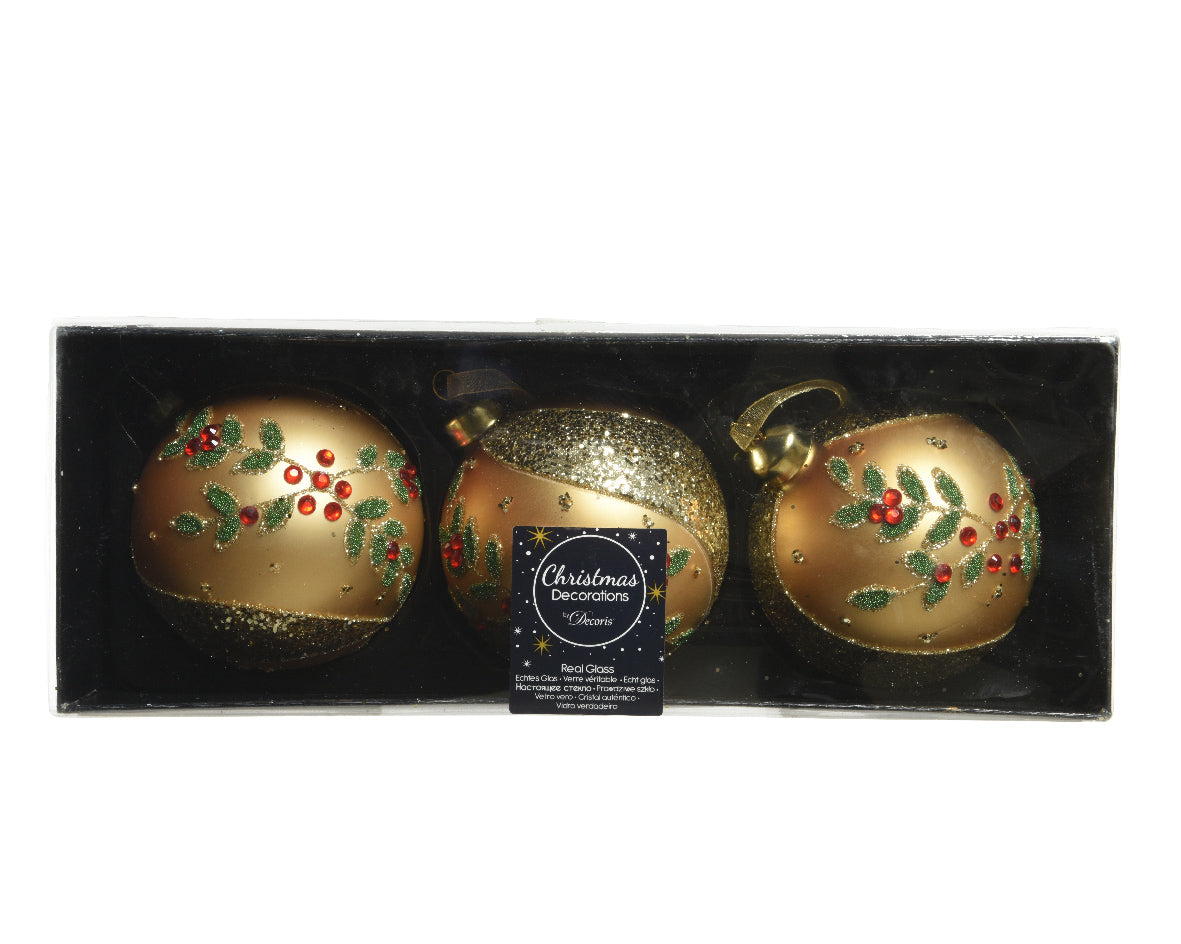 Palla Di Natale D 8 cm Oro Decoro Agrifoglio set 3 pezzi decorazioni natalizie in vetro - DeMatteis.it
