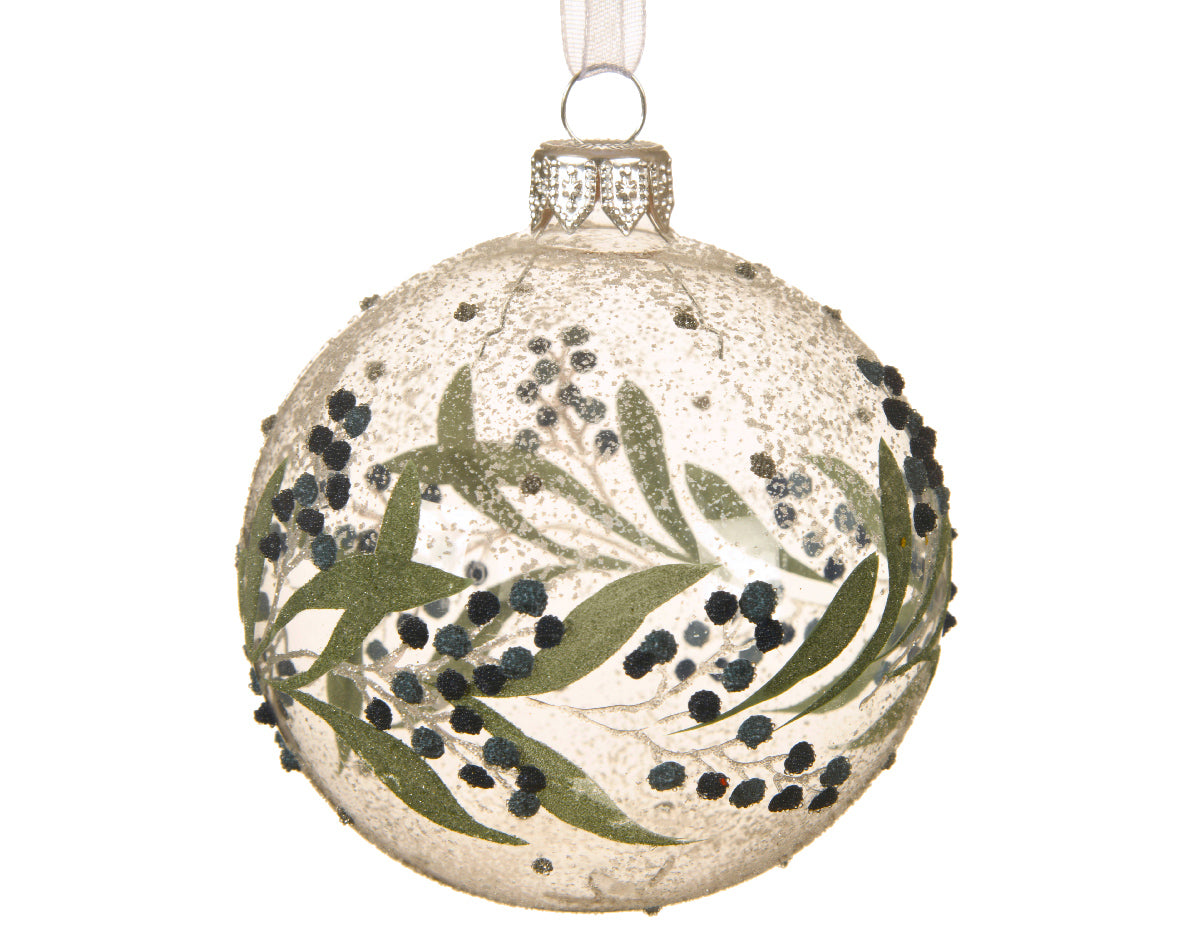 Palla di Natale in vetro diametro 8 cm decorazione natalizia con motivo foglie - DeMatteis.it