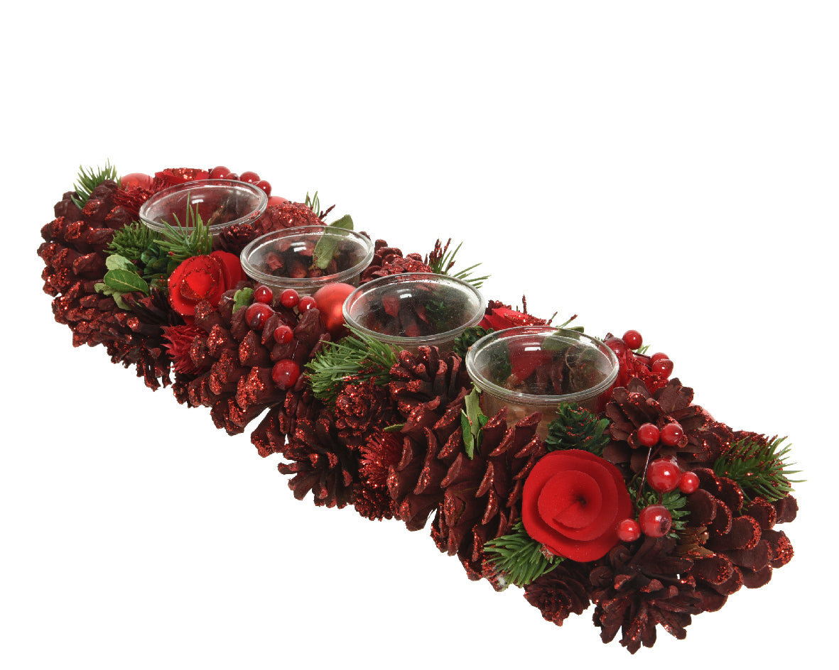 Portacandele Bacche E Pigne Rosse 15X45X9 Cm