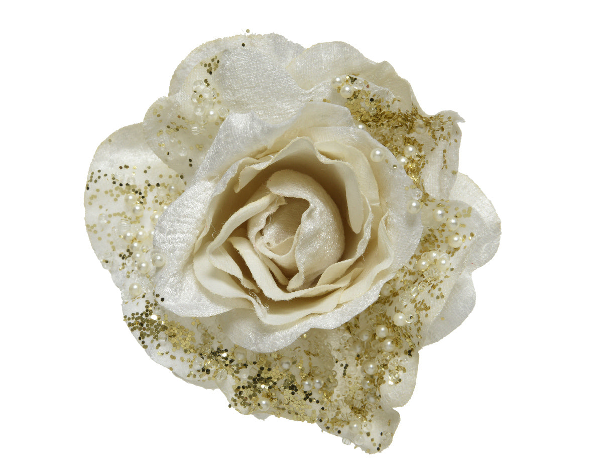 Rosa Bianca Con Clip Decoro Oro 13X6 Cm