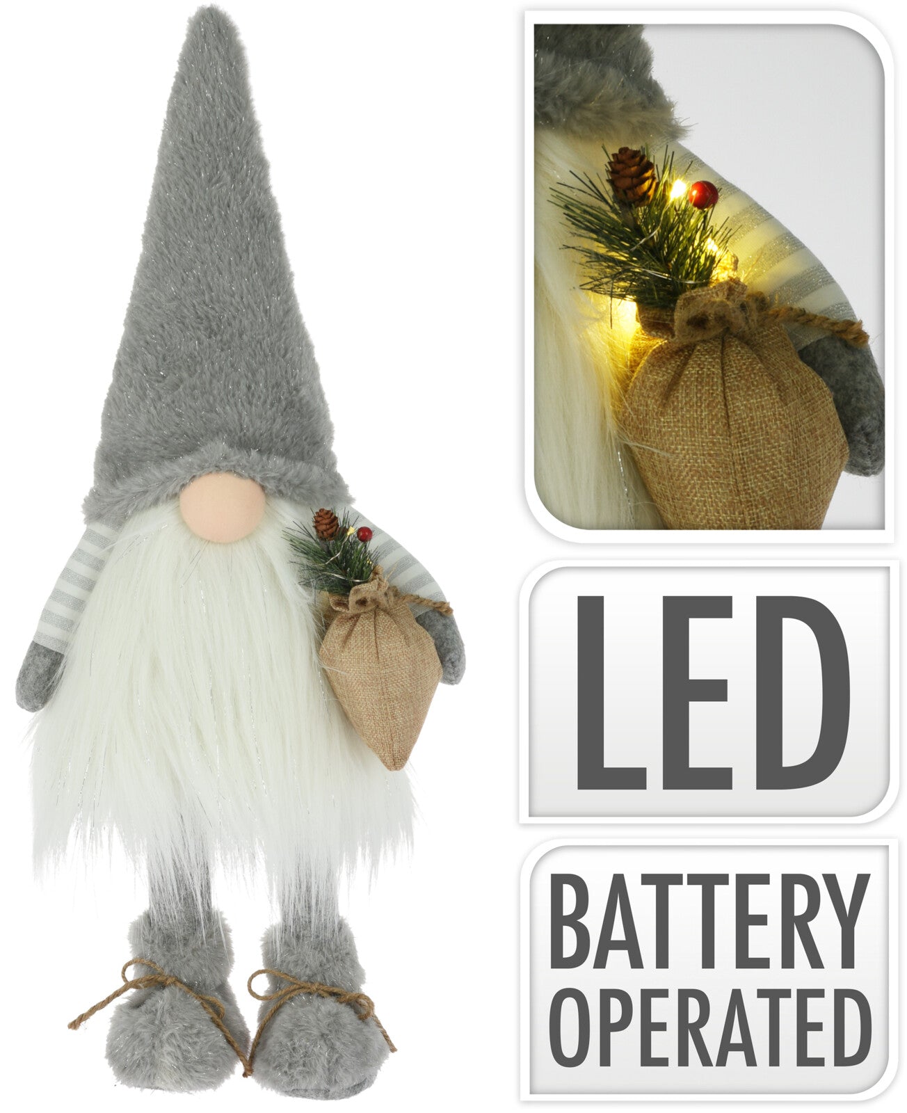 Gnomo Peluche Grigio 65Cm Led 1 Pezzo