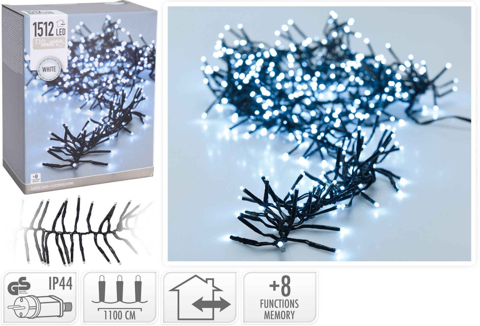 Luci Di Natale Cluster 1512 Led Bianco Freddo