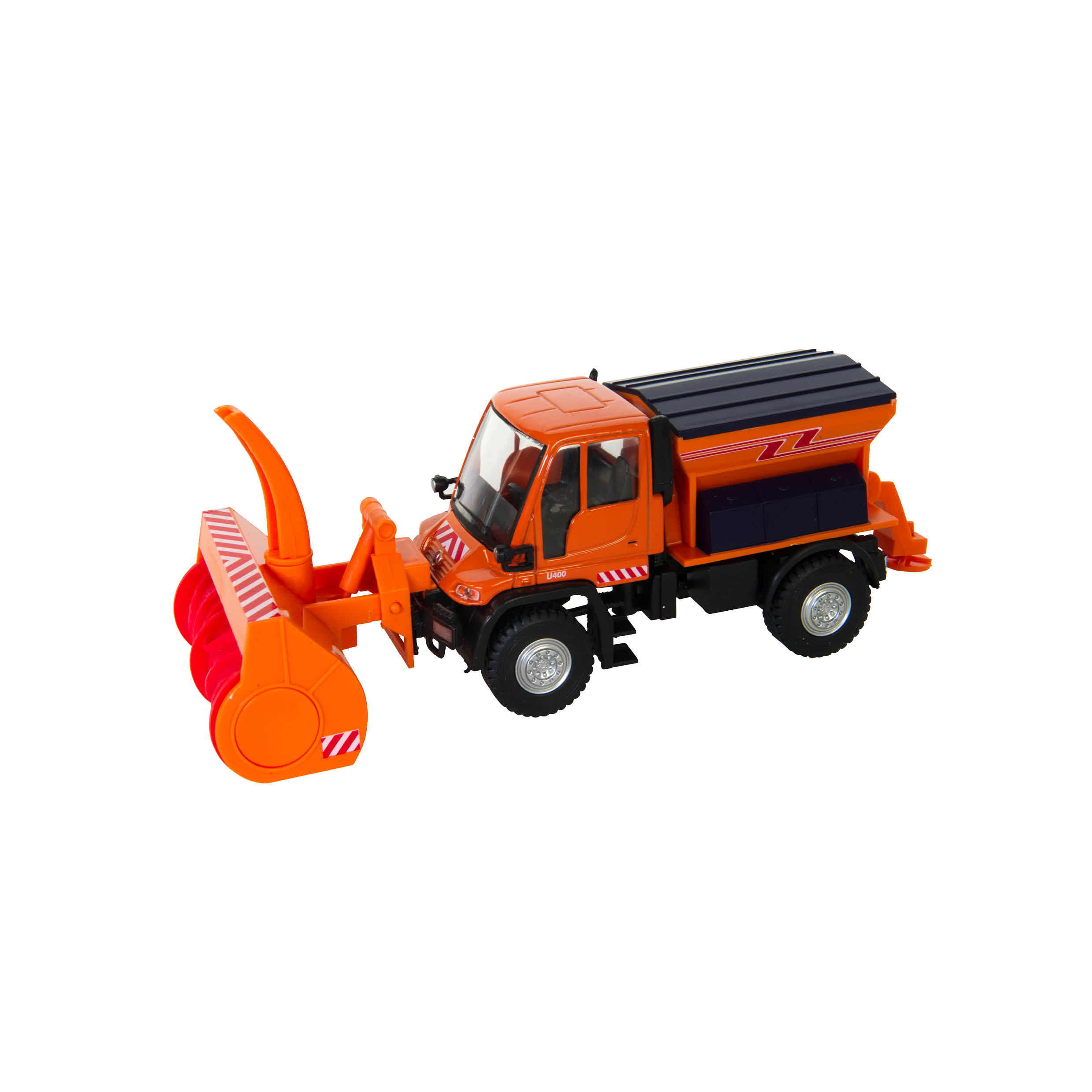 Camion Spazzaneve Unimog Jägerndorfer in scala 1:32 con carrozzeria arancione, lama spazzaneve frontale e cassone posteriore per villaggio invernale da collezione. | Dematteis.it