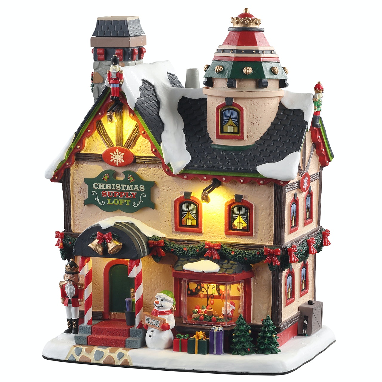 Christmas Supply Loft Lemax: Negozio Natalizio vittoriano illuminato con tetti innevati, decorazioni festive e pupazzo di neve per Villaggio Lemax. | Dematteis.it