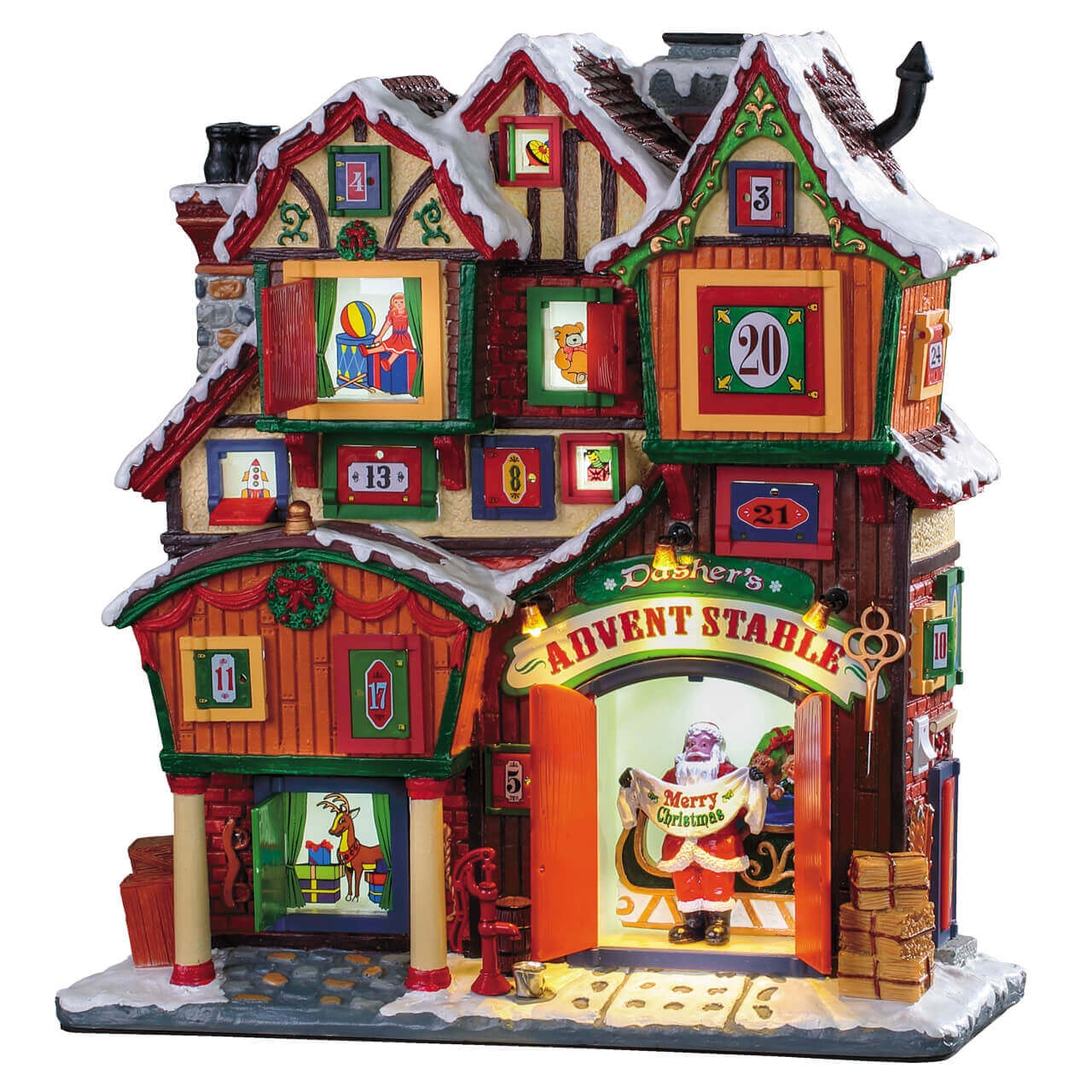 Dasher's Advent Stable Lemax: calendario dell'avvento a tre piani con finestrelle numerate, tetti innevati e Babbo Natale illuminato al centro del villaggio Lemax - Dematteis.it