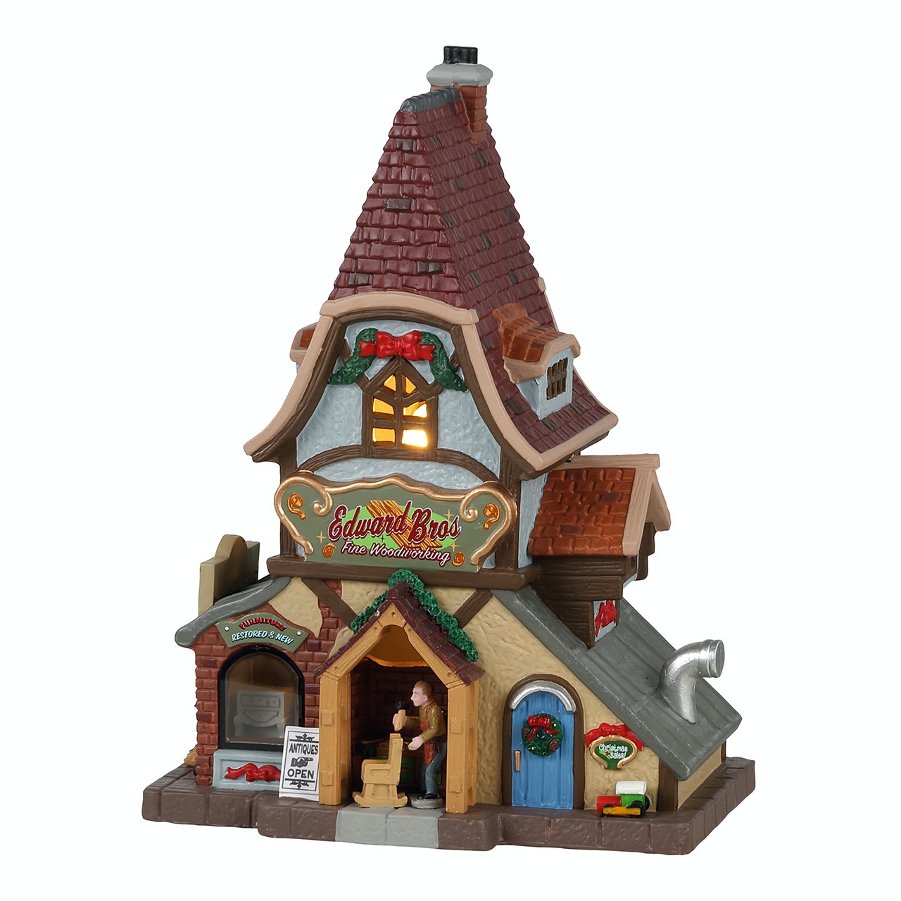 Edward Bros Fine Woodworking Lemax: falegnameria natalizia illuminata con tetto rosso, falegname al lavoro e decorazioni festive per villaggio di Natale Lemax. | Dematteis.it
