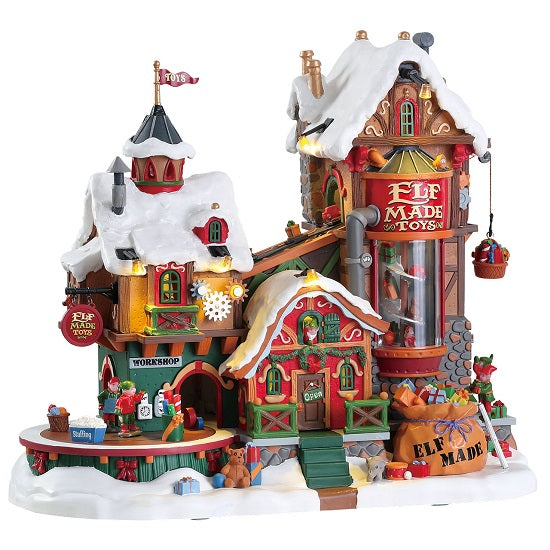 Elf Made Toy Factory Lemax con ingranaggi rotanti, fabbrica degli elfi a più piani per villaggio di natale animato | Dematteis.it