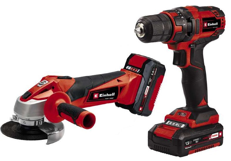Il kit utensili TC TK 18 Li Einhell con trapano avvitatore TC-CD 18/35 Li e smerigliatrice angolare TC-AG 18/115 Li, dotato di batterie Power X-Change da 1,5 Ah e 3,0 Ah e caricabatterie rapido da 30 minuti. | Dematteis.it