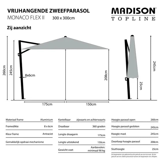 Ombrellone Da Giardino Laterale Monaco Flex Ii 3X3 Mt Grigio