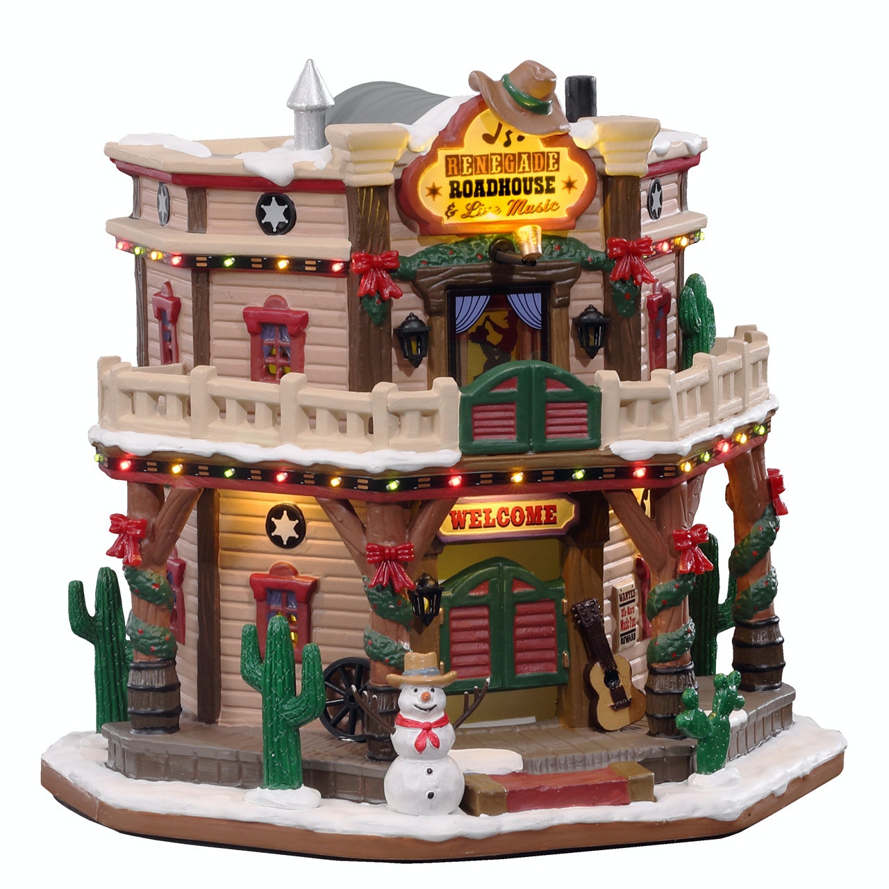 Renegade Roadhouse Lemax: locanda western natalizia a due piani con luci colorate, decorazioni festive e pupazzo di neve per villaggio illuminato. | Dematteis.it
