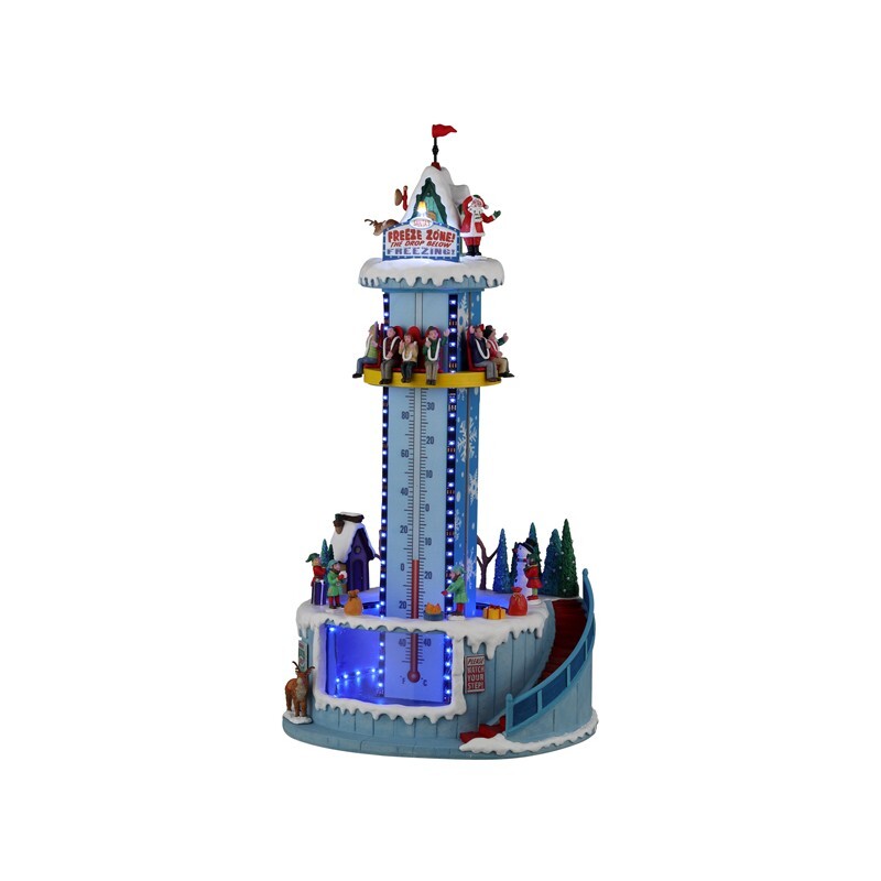 Santa's Freeze Zone Lemax giostra termometro con torre blu e bianca, personaggi natalizi alla base e Babbo Natale sulla sommità per Villaggio di Natale | Dematteis.it