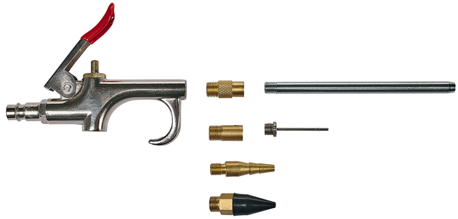 Set pistola a soffio Einhell da 7 pezzi con pistola principale ergonomica, ugello e vari adattatori tra cui ago per palloni e connettore per materassi, compatibile con compressori fino a 8 bar. | Dematteis.it
