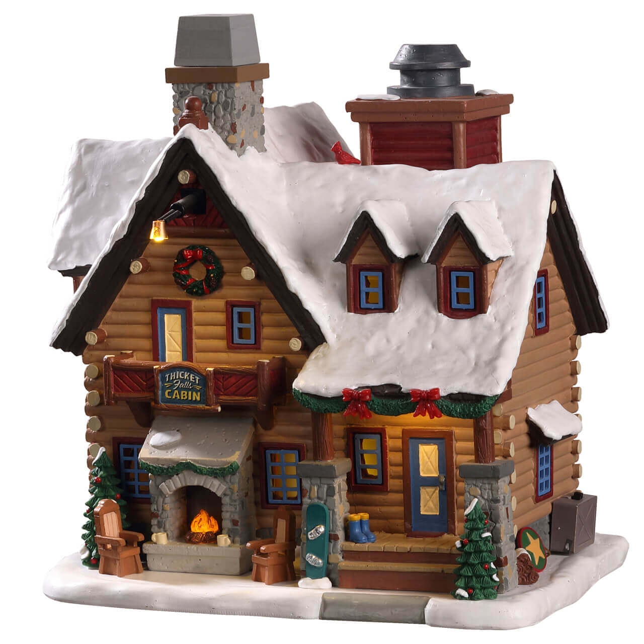 Casa Lemax Thicket Falls Cabin innevata con camino acceso, perfetta per villaggio di Natale Lemax, decorazioni natalizie e dettagli rustici. | Dematteis.it